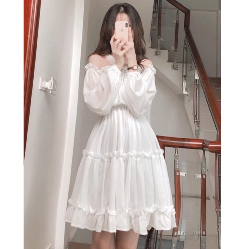 Váy Tiểu Thư Trễ Vai - Đầm Bánh Bèo Màu Trắng tinh khôi dự tiệc đi biển. MET SHOP