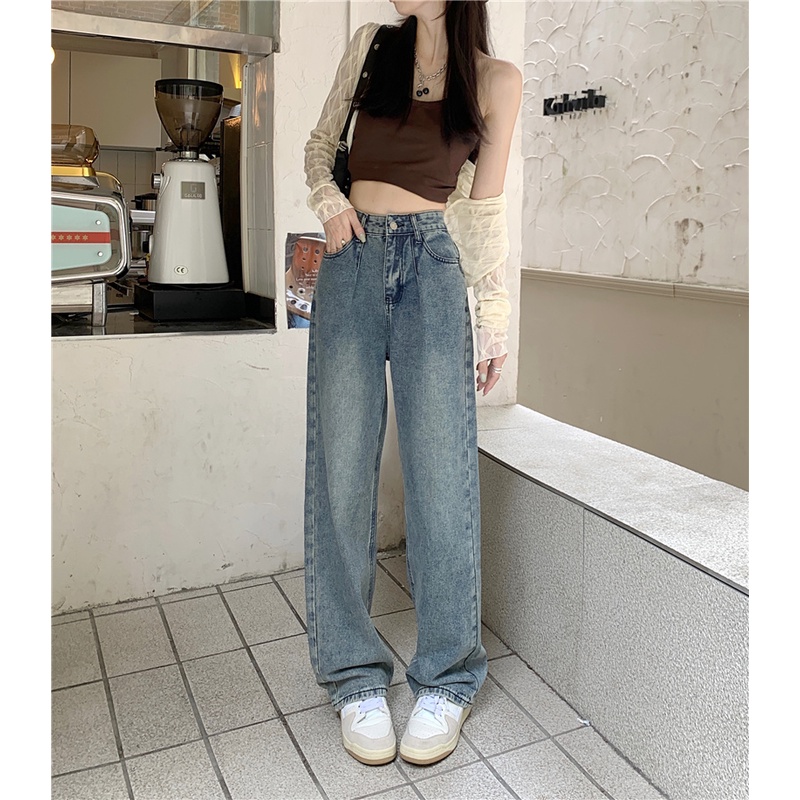 Quần Jeans ống rộng lưng cao form Hàn màu xanh nhạt cực đẹp. Quần bò nữ ống suông phong cách đường phố