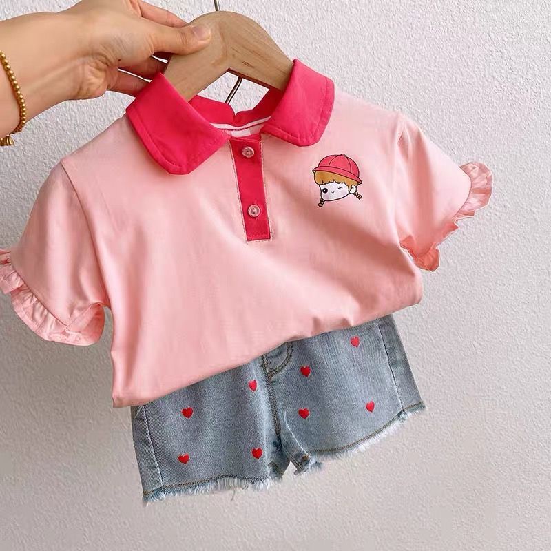 Áo Thun polo Cotton Tay Ngắn Cổ Bẻ Phối Ren Họa Tiết Hoạt Hình Phong Cách Hàn Nhật Thời Trang Cho Bé Gái