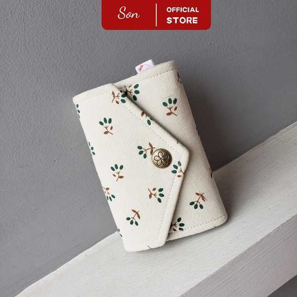 Ví Nữ Cầm Tay Handmade Nắp Gập Hoa Nhí Xanh Lá - VẢI MỚI