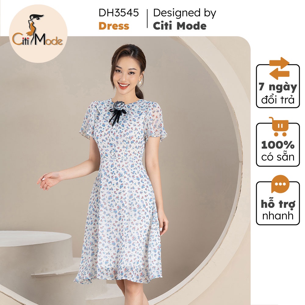 Đầm nữ hoa nhí cúc ngực cổ đính nơ CITI MODE vải voan cao cấp DH3545