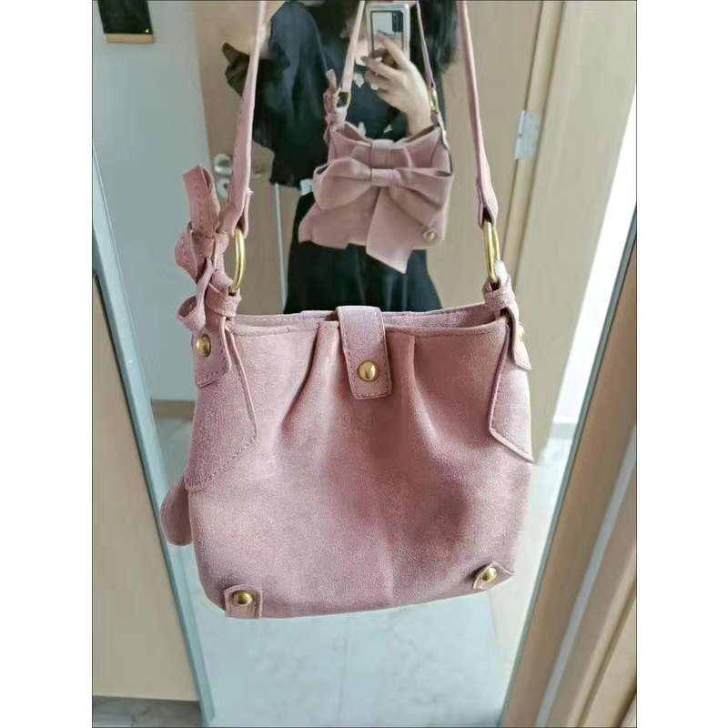 ORDER♥️Túi Xách Da Lộn Hồng Nơ(ảnh thật)Pink , Màu Hường,Size 20cm