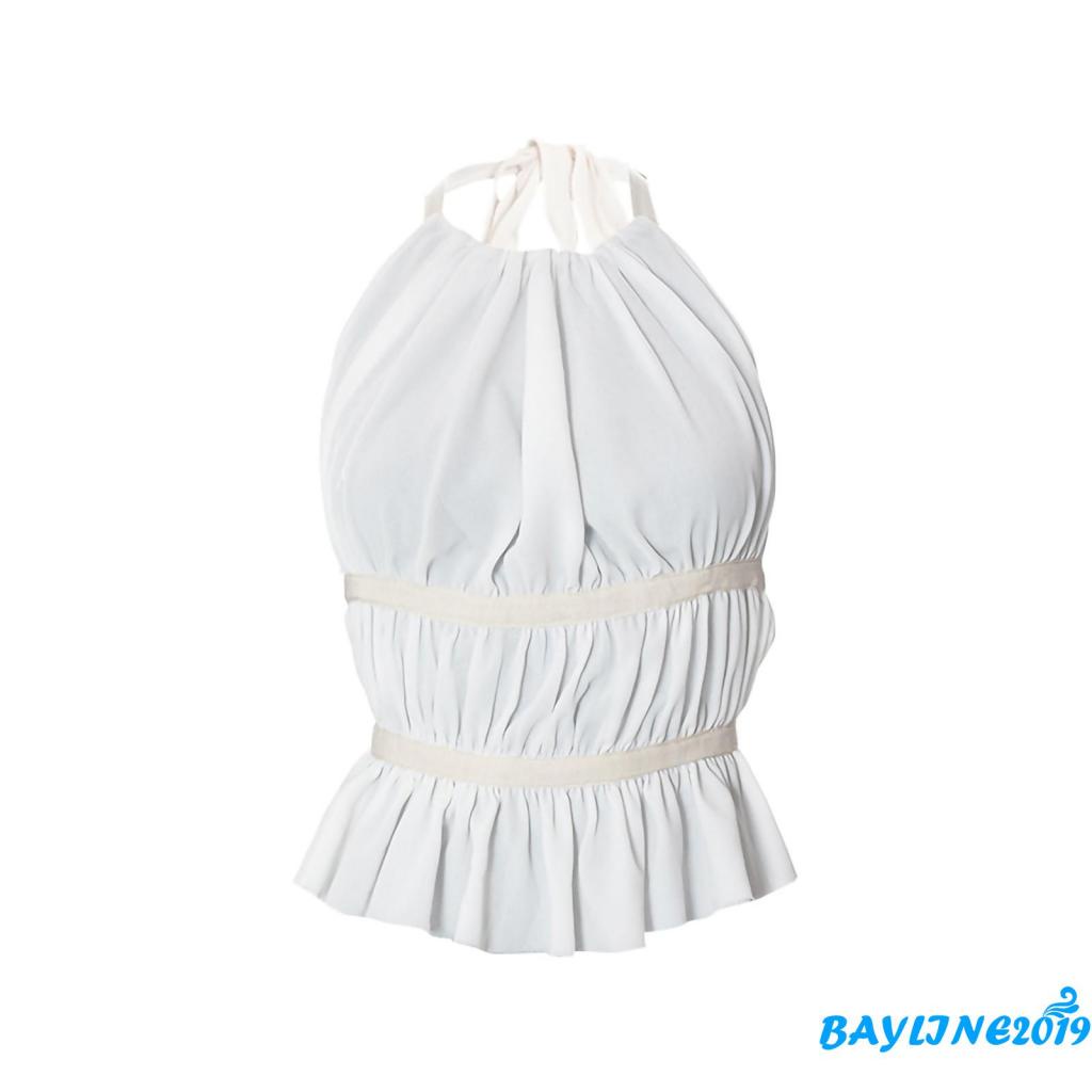 Áo Tank Top Hai Dây Hở Lưng Nhún Bèo Màu Trắng Thời Trang Mùa Hè Cho Nữ
