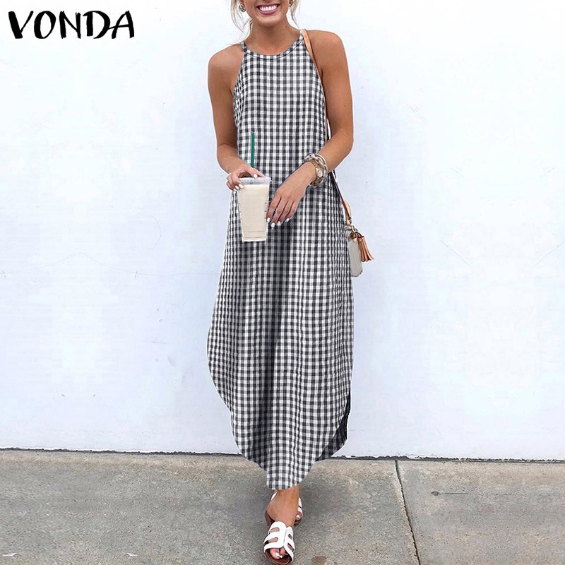 VONDA Đầm Dài Sát Nách Hoạ Tiết Ca Rô Ca Rô Thời Trang Mùa Hè Cho Nữ | BigBuy360 - bigbuy360.vn