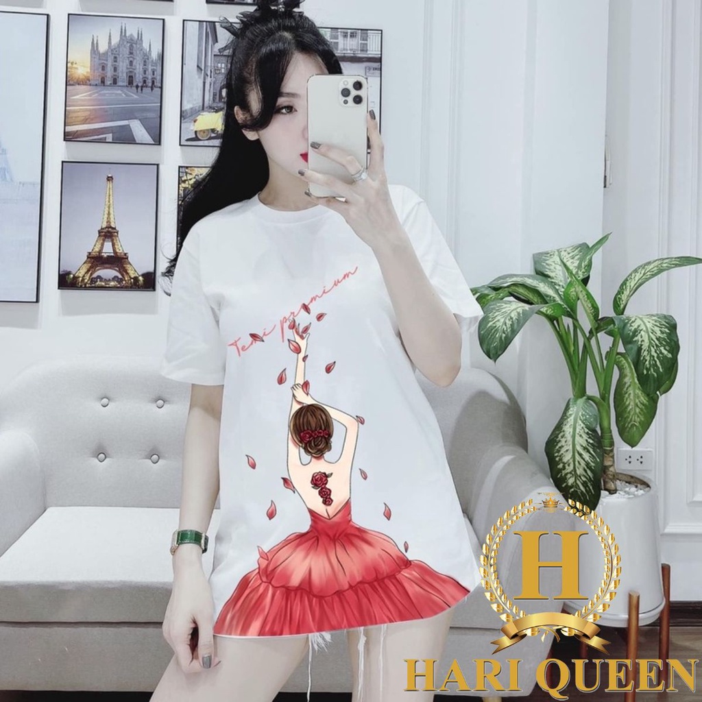 Áo thun tay lỡ form cô gái váy đỏ HARIQUEEN áo phông nam nữ unisex form rộng 65kg