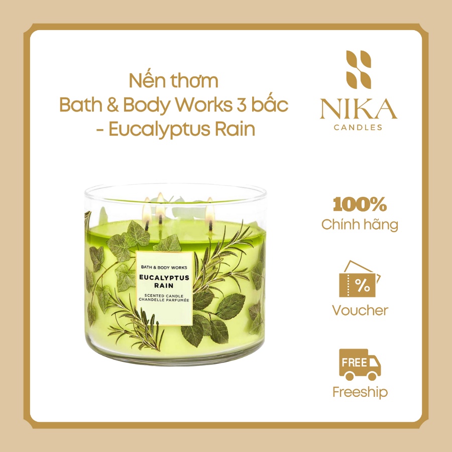 Nến thơm Bath and Body Works 3 bấc - Eucalyptus Rain 411g [Nika Candles]
