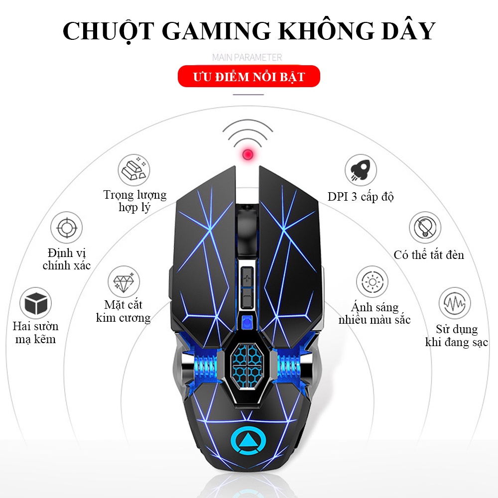 Chuột Máy Tính Không Dây Gaming Sạc Pin A7 Led RGB Click Không Gây Tiếng Ồn