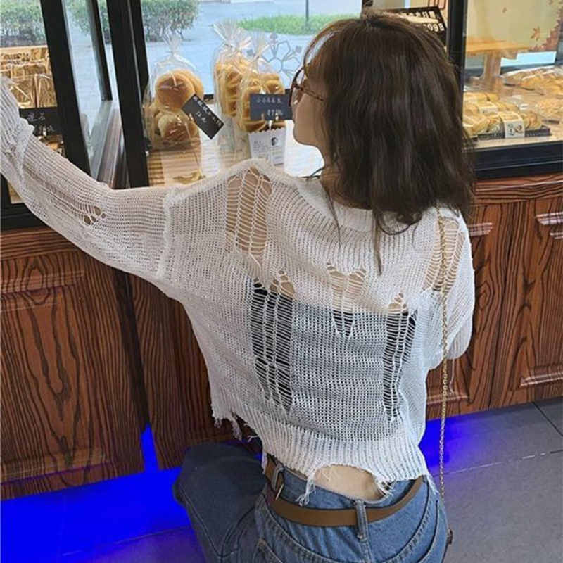 Áo Croptop Tay Dài Thiết Kế Rách Phong Cách Gothic