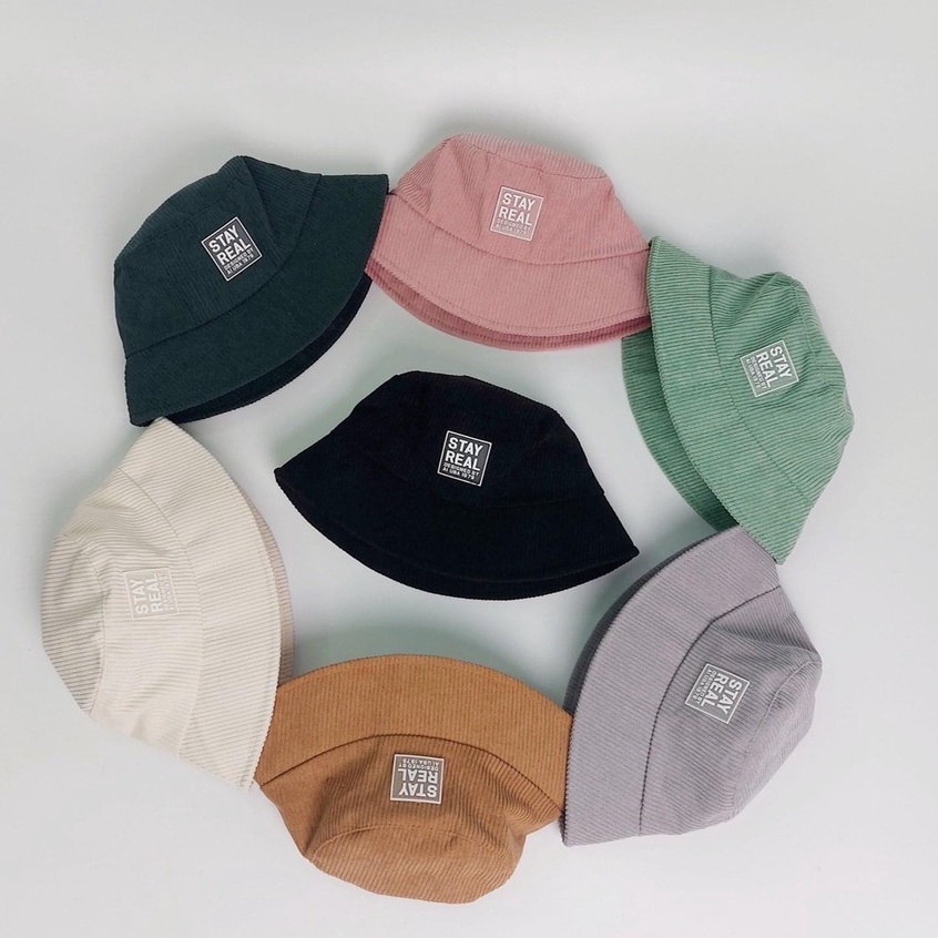 Mũ bucket vành cụp, nón tai bèo thêu tem STAY REAL chất nhung tăm cao cấp trơn nhiều màu unisex