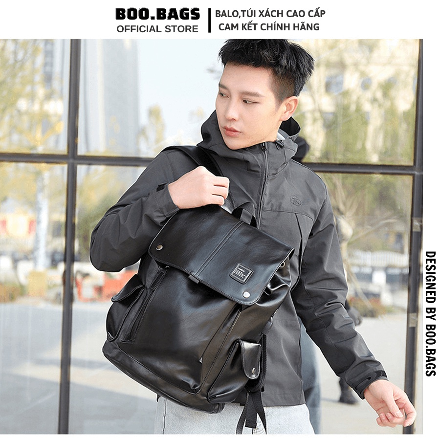 Balo Da Nam - Nữ Đi Học, Balo Size Lớn Nắp Gập Nam Nữ Dây Rút Laptop Boobags Boo005