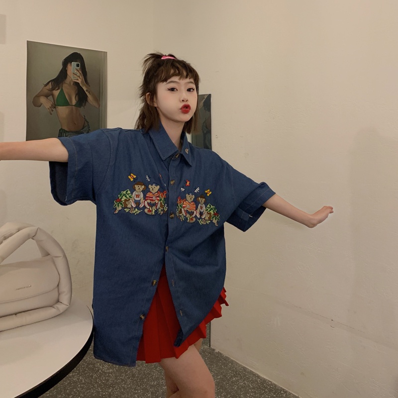 Áo Khoác Denim Tay Ngắn Thêu Hình Gấu Phong Cách Nhật Bản Thời Trang Mùa Xuân Cho Nữ