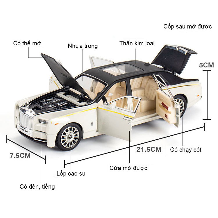 MÔ HÌNH XE Ô TÔ Rolls Royce Phantom VIII tỉ lệ 1:24 Chezhi đúc kim loại, có đèn xe, âm thanh, nắp capo và cốp sau