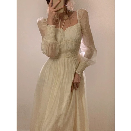 Váy Voan Cổ Vuông Tiểu Thư Dáng Dài Hàng Hot Tabao