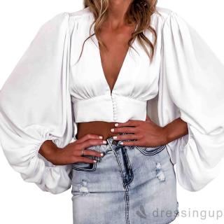 Áo Croptop Tay Dài Thiết Kế Cổ Chữ V Khoét Sâu Quyến Rũ