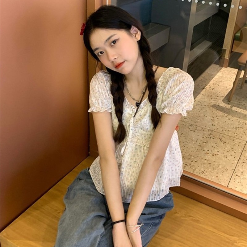 Áo Kiểu Trễ Vai Tay Phồng In Họa Tiết Hoa Thời Trang Cho Nữ