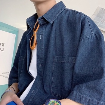 Áo sơ mi jean nam form rộng tay lỡ phong cách Hàn Quốc 2021