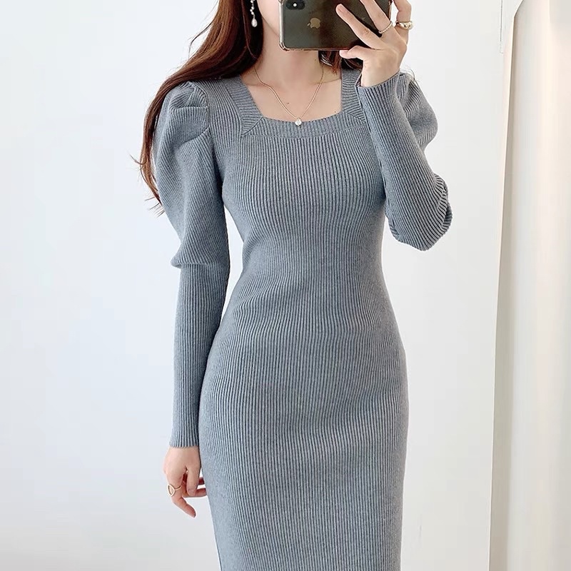 Đầm tay phồng cổ V, đầm body xẻ tà sau tay bồng