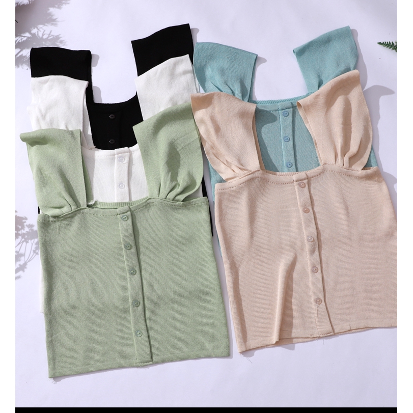 Áo croptop dệt kim màu trơn phối nút thời trang cho nữ