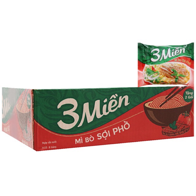 sẵn hàngThùng 30 gói mì 3 Miền bò sợi phở 65g