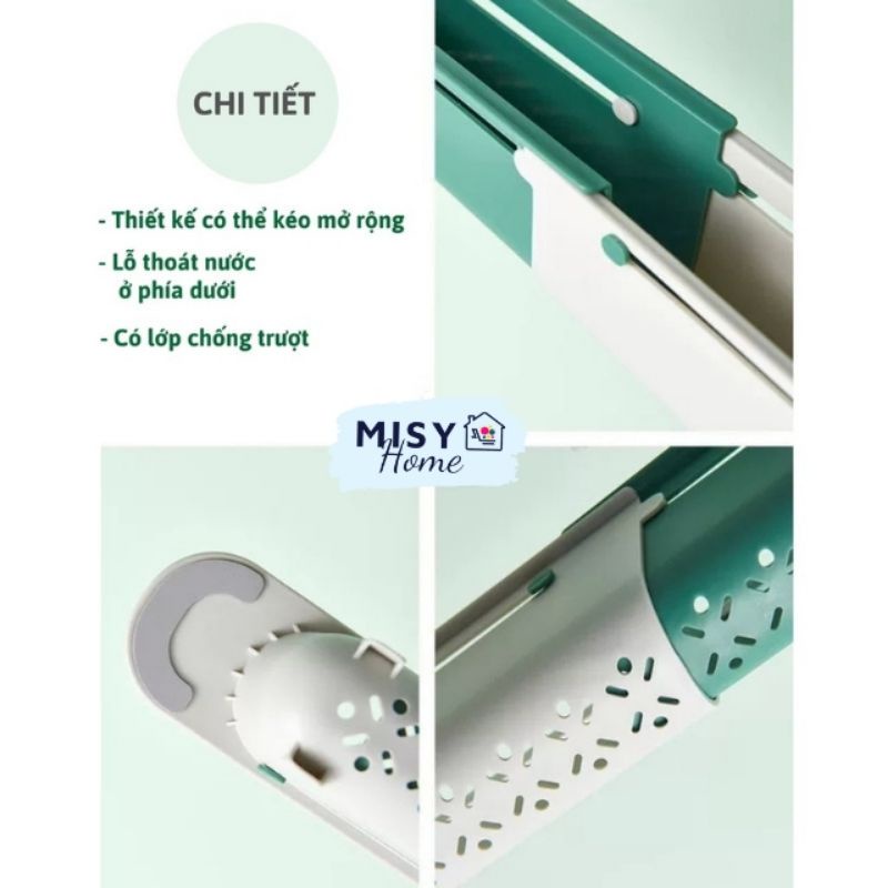 Giá để giẻ rửa bát có treo khăn Kệ gác bồn để đồ rửa chén Misy Home bằng nhựa có thể kéo dài co giãn thông minh
