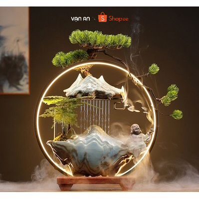 Thác nước phật di lạc, thác khói trầm hương phong thủy, có đài phun nước tự động kèm đèn LED cao cấp để bàn