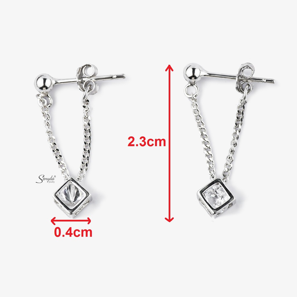 Bông tai nữ trang sức BẠC 925 SENYDA dây treo cubi hột BT431