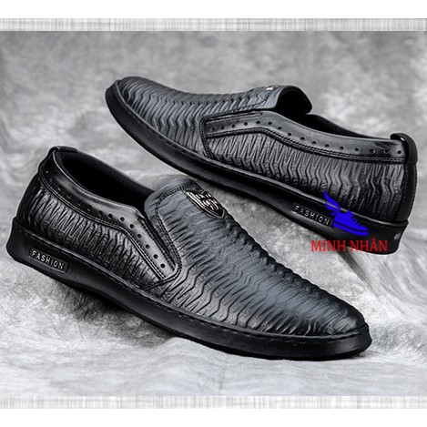 Giày lười nam da bò thật công sở slip on xỏ mẫu mới nhất vân sóng đẹp độc đáo hàng hiệu thời trang giá rẻ S-1 màu đen