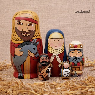 Bộ 5 búp bê Nga Matryoshka sơn tay hình gia đình Chúa Giáng Sinh bằng gỗ