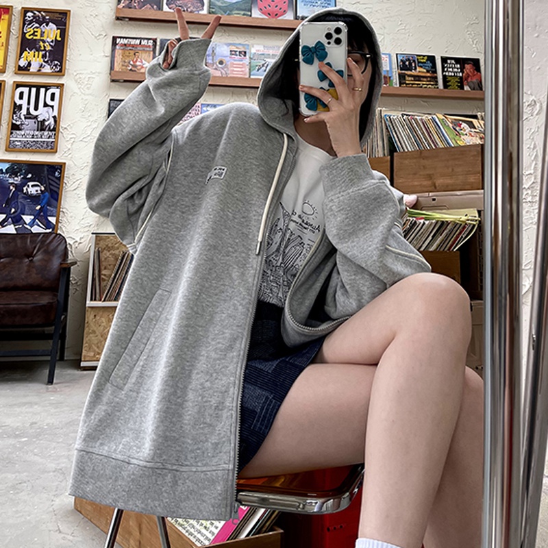 Áo khoác cardigan dáng rộng phối khóa kéo phong cách Hàn Quốc thời trang mùa thu mới