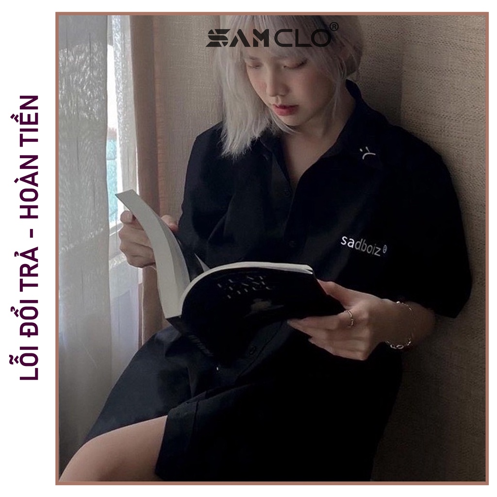 Áo SƠ MI NỮ form rộng SAM CLO cổ bẻ tay ngắn - lỡ dáng ulzzang freesize unisex mặc cặp, nhóm, THÊU chữ SADBOIZ