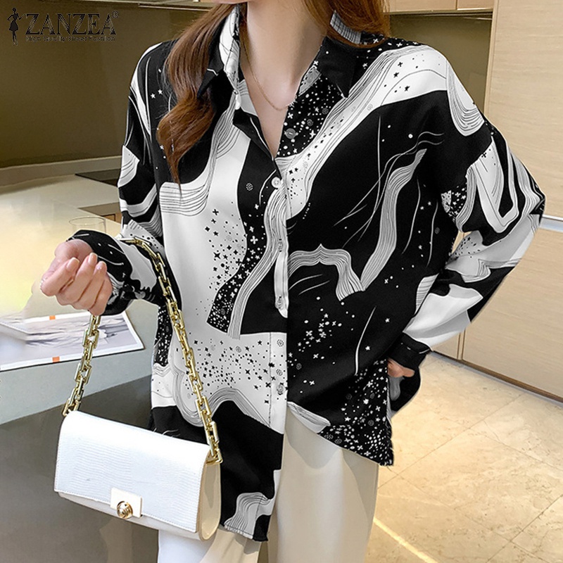 Áo Zanzea cổ áo gập xuống họa tiết in ấn kiểu dáng rộng rãi thời trang đơn giản phong cách Hàn Quốc cho nữ