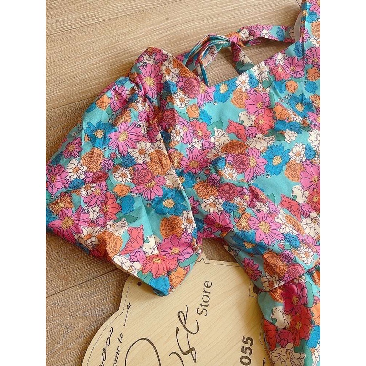 Váy hoa nhí nữ dáng dài cổ vuông tay phồng váy hở lưng babydoll Vintage Siêu Hot Mẫu Mới 2023