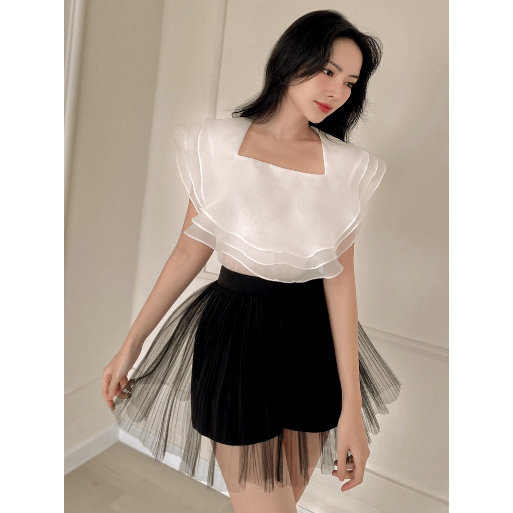 RECHIC Áo Kiểu Oriana cổ vuông kiểu bèo tầng choàng vai chất voan Hàn dễ thương xinh xắn đi chơi đi làm đi tiệc