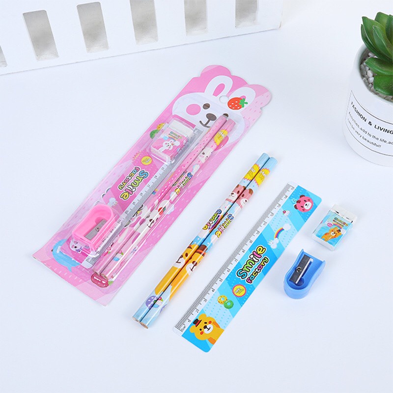 Bộ dụng cụ học tập 5 món NHỎ bút chì,thước kẻ,gọt bút chì,gôm tẩy bút chì_văn phòng phẩm dễ thương