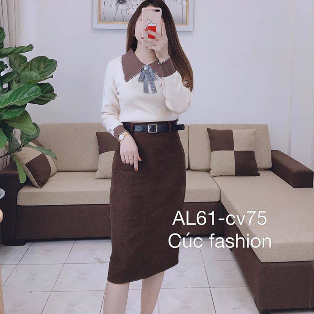 Áo len nữ cổ nơ cao cấp xinh Cúc Fashion L32 áo len cổ nhọn viền đen