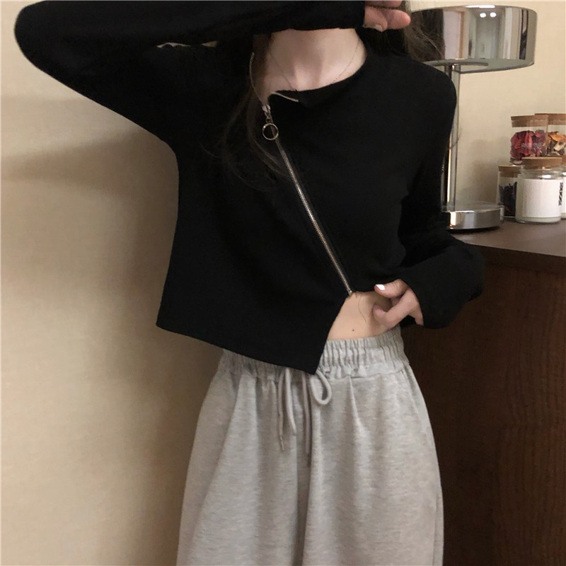 Áo Thun Croptop Kéo Khóa Tay Dài Màu Trơn Co Dãn Phong Cách Hàn Quốc