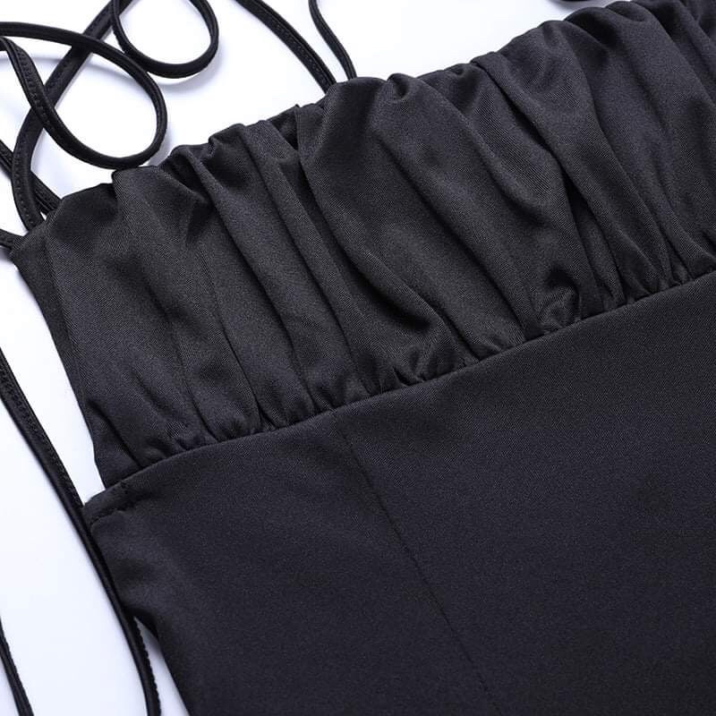 Váy body dáng dài qua gối hở lưng dây cột vai thanh lí