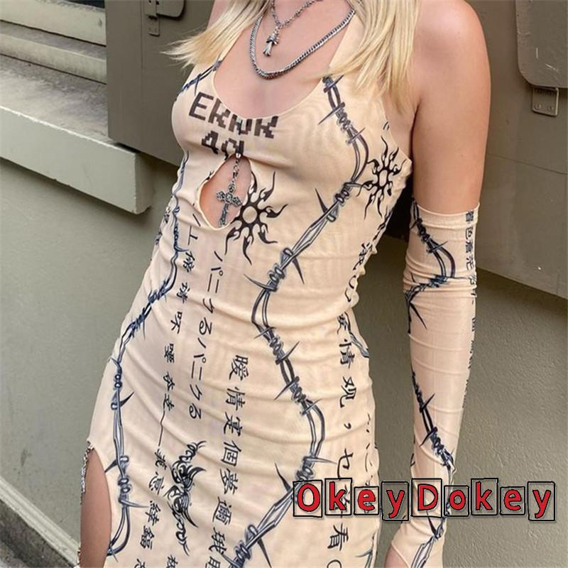 Đầm hai dây dáng ôm hở lưng in họa tiết phong cách gothic cổ điển quyến rũ dành cho nữ