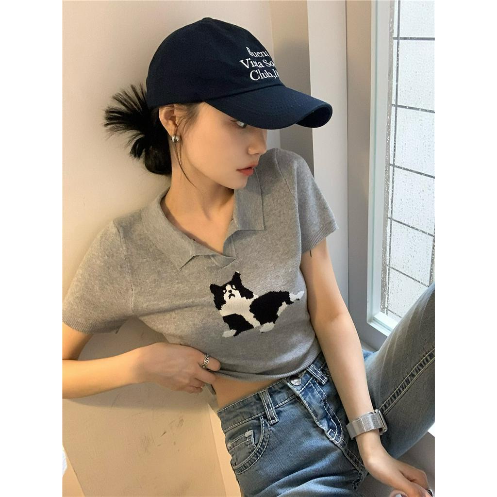 Áo Thun Dệt Kim Ngắn Tay In Hình Mèo Đáng Yêu Dành Cho Nữ 61342