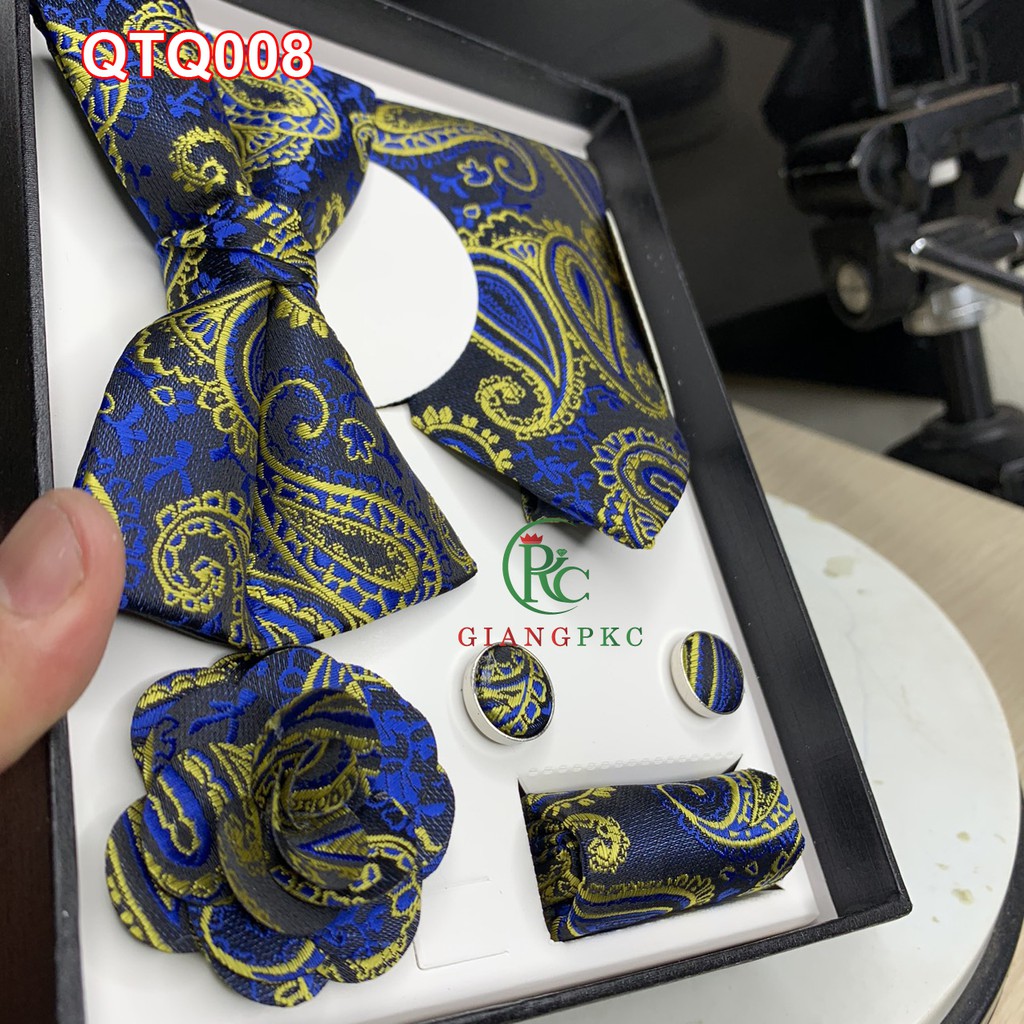 Set cà vạt họa tiết + măng séc + khăn cài áo sang trọng + nơ  họa tiết gấm nổi  Giangpkc qtp007