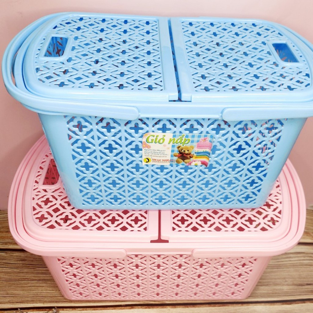 Giỏ nhựa chữ nhật 2 quai có nắp đậy đựng đồ đi sinh/quần áo trẻ em/ đồ chơi/dụng cụ đa năng Tân Lập Thành