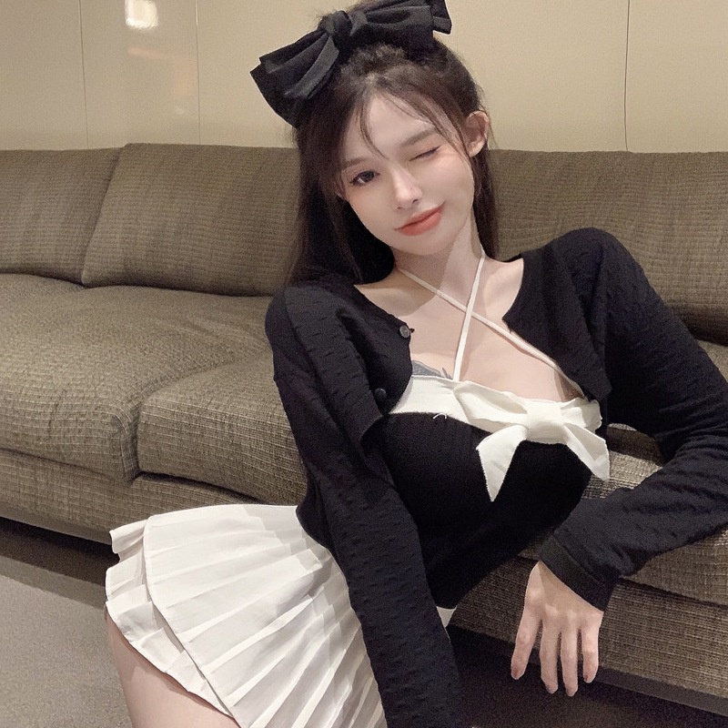 2021 Phụ nữ mới Áo yếm dệt kim Trọng lượng nhẹ Không tay thắt nơ Thường mỏng Treo cổ Ống trên
