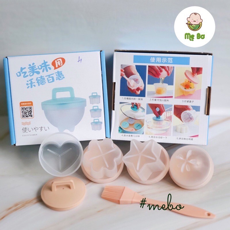 KHUÔN LÀM BÁNH⚡️FREESHIP⚡️Bộ 4 Khuôn Hấp Trứng, Làm Bánh Bằng Nhựa Kèm Chổi Silicon Quét Dầu