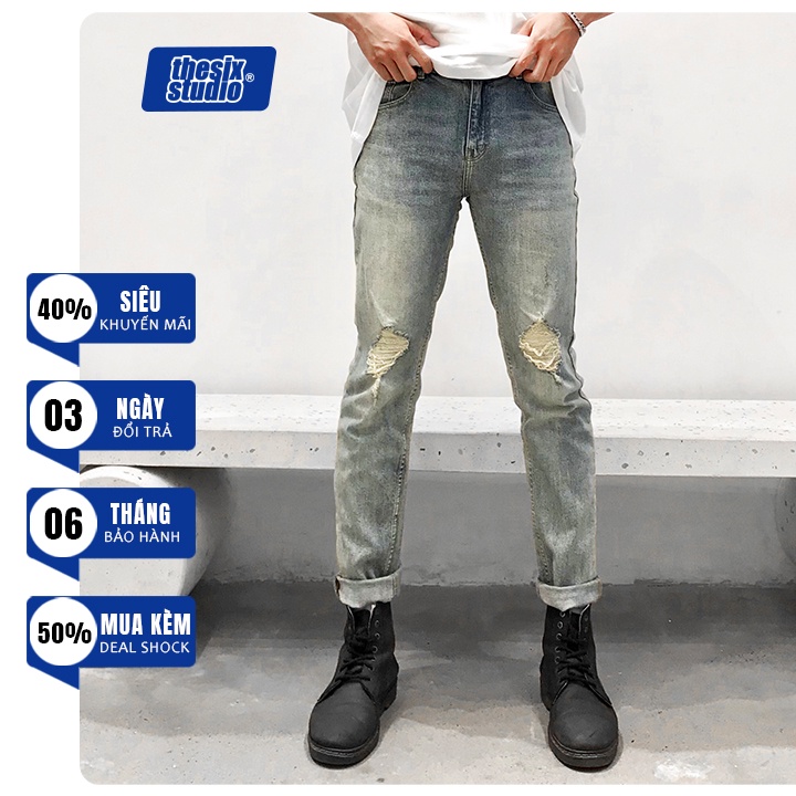 Quần jean nam xanh rách gối Form skinny Chất jean co dãn cao cấp Thesix Studio  [#BT-787-R]
