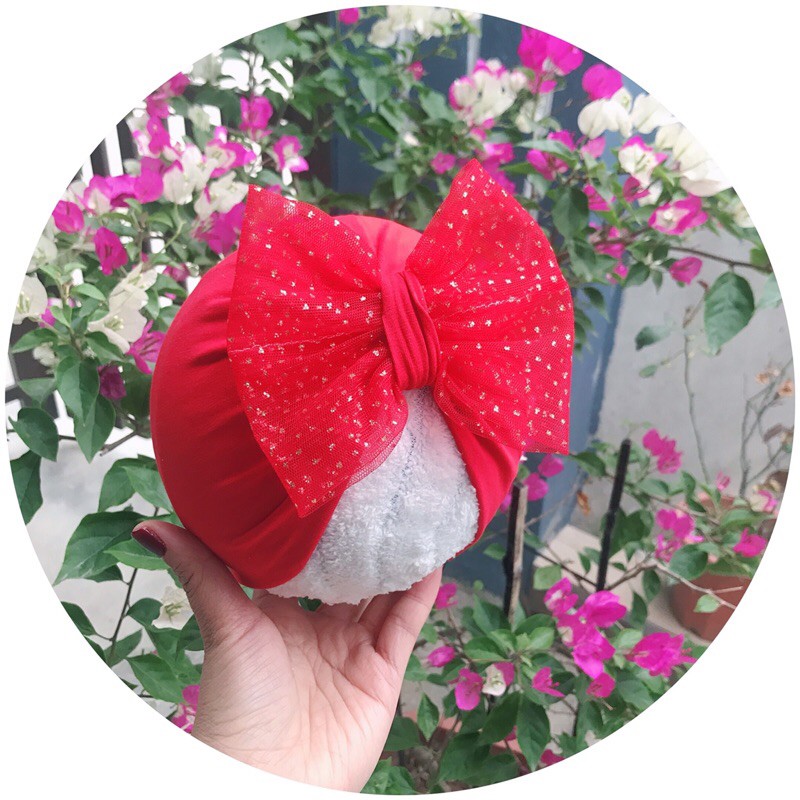 nón turban vải nơ nhũ đỏ( sz 5-10kg)