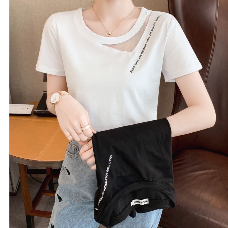 Áo Kiểu Tay Ngắn Phối Lưới Phong Cách Hàn Quốc Cho Nữ 156634 Áo Thun Cổ Tròn Thiết Kế Đơn Giản Thời Trang Trẻ Trung