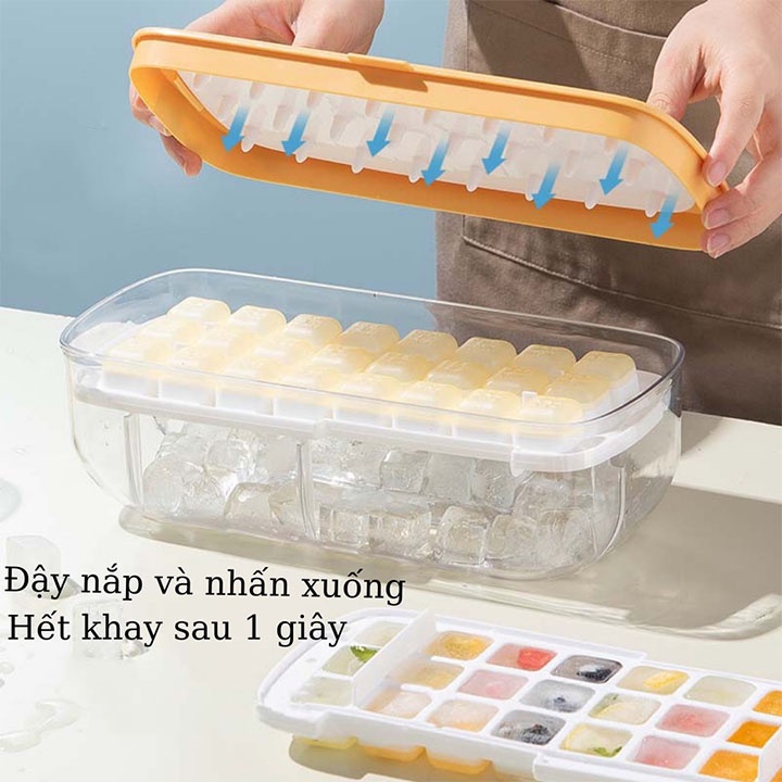Hộp khay làm đá 2 tầng có nắp, ngăn mùi, vệ sinh dễ dàng.