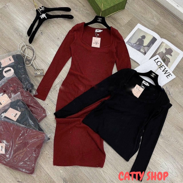 Đầm Len Tăm Body Dài Tay Ôm Dáng Cổ Tim Tạo Dáng Quyến Rũ Cho Bạn Gái, catty shop