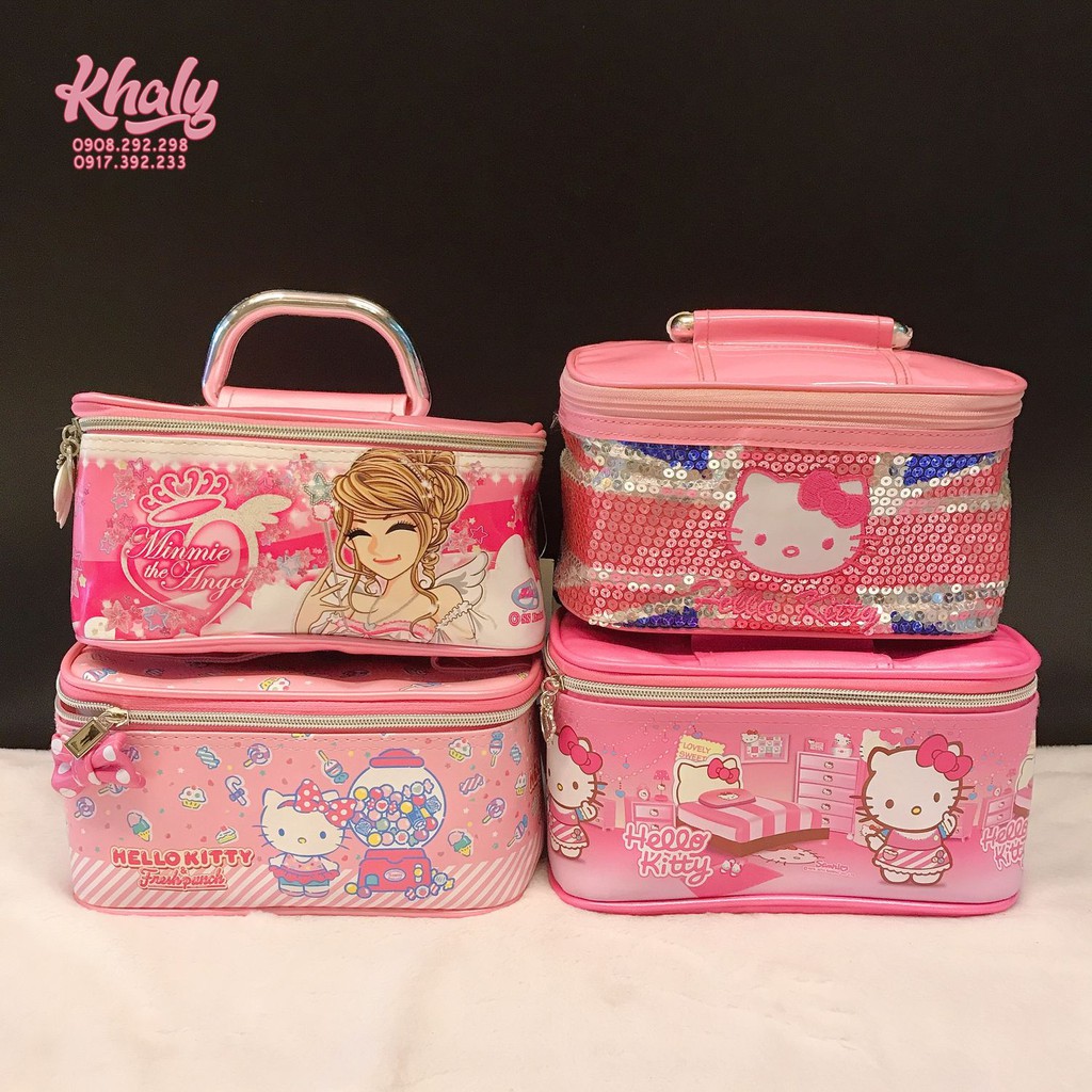 Túi xách tay, túi đựng mỹ phẩm 1 ngăn rộng hình Hello Kitty, cô gái Minmie màu hồng siêu xinh -