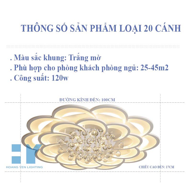 Đèn ốp trần, đèn led mâm ốp trần phòng khách, phòng ngủ cánh hoa mai pha lê, 3 chế độ ánh sáng, có điều khiển từ xa